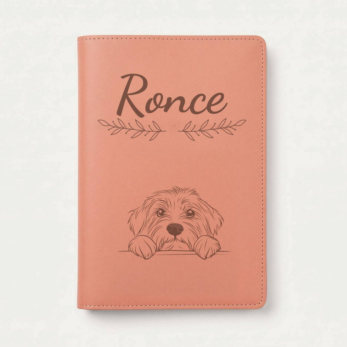 Protège carnet de santé chien personnalisé – Colley barbu — Terracotta — Rameaux — gravure « Ronce »