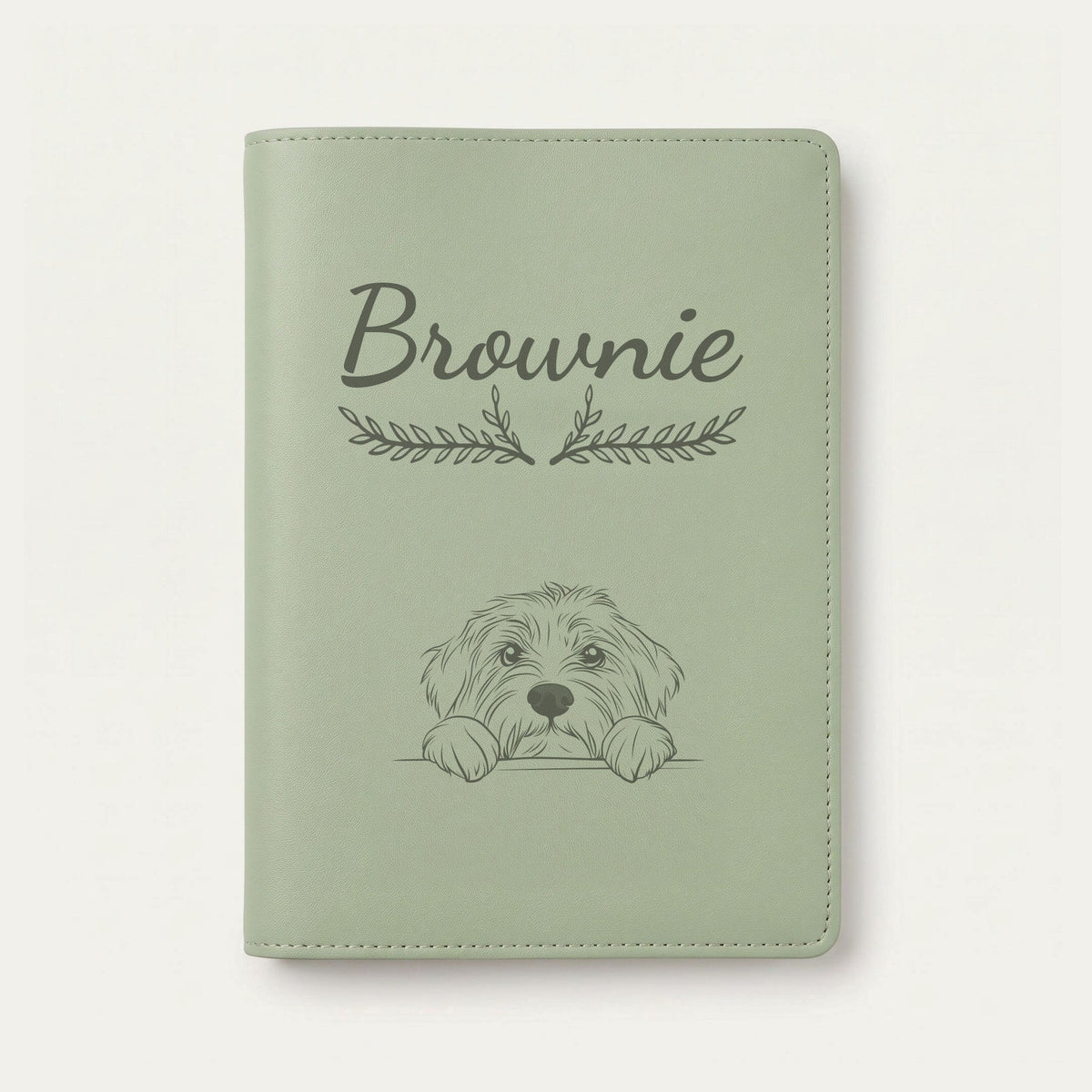 Protège carnet de santé chien personnalisé – Colley barbu — Vert sauge — Bouquet — gravure « Brownie »