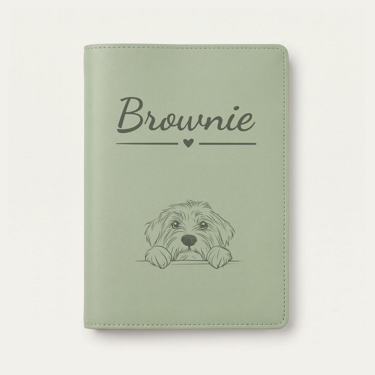 Protège carnet de santé chien personnalisé – Colley barbu — Vert sauge — Cœur — gravure « Brownie »