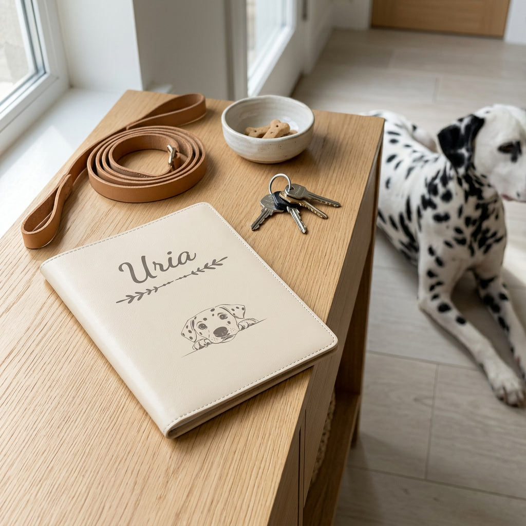 Protège carnet de santé chien personnalisé – Dalmatien — fermé, gravé « Uria » avec le dalmatien, sur une console d'entrée à côté d'une laisse, un dalmatien couché à côté (visuel de mise en scène, coloris Crème vanille)