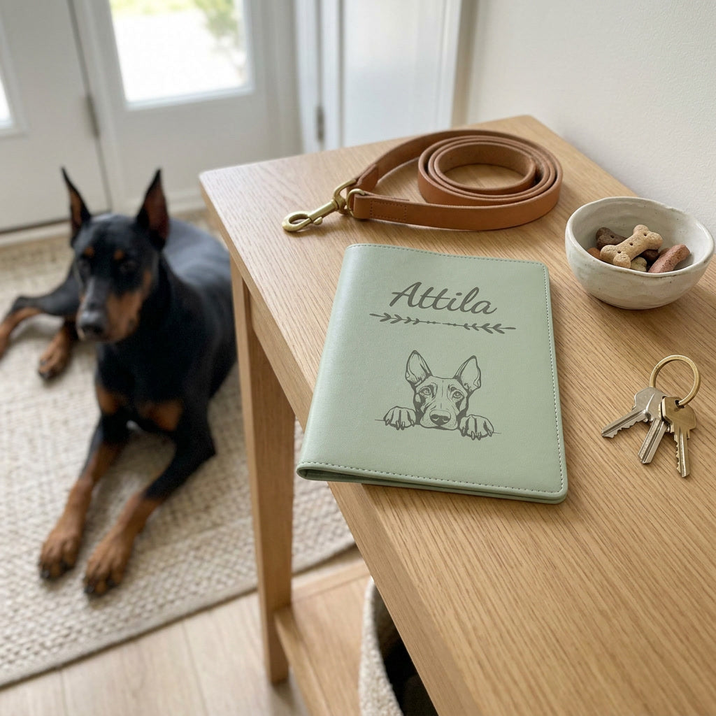 Protège carnet de santé chien personnalisé – Dobermann — fermé, gravé « Attila » avec le dobermann, sur une console d'entrée à côté d'une laisse, un dobermann couché à côté (visuel de mise en scène, coloris Vert sauge)