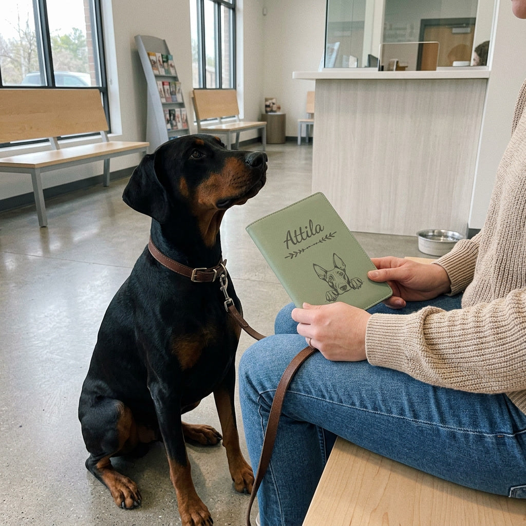 Protège carnet de santé chien personnalisé – Dobermann — fermé, gravé « Attila », tenu en salle d'attente chez le vétérinaire, un dobermann assis à côté (visuel de mise en scène, coloris Vert sauge)