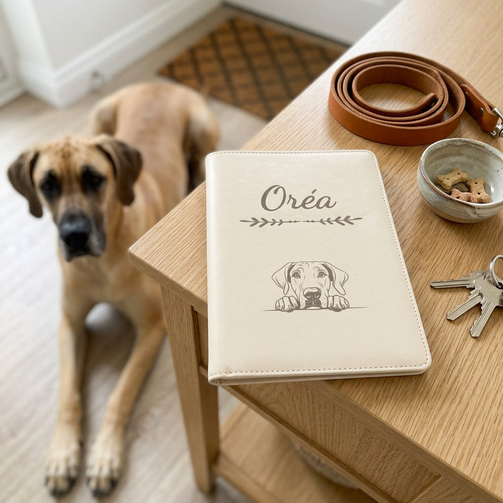 Protège carnet de santé chien personnalisé – Dogue allemand — fermé, gravé « Oréa » avec le dogue allemand, sur une console d'entrée à côté d'une laisse, un dogue allemand couché à côté (visuel de mise en scène, coloris Crème vanille)