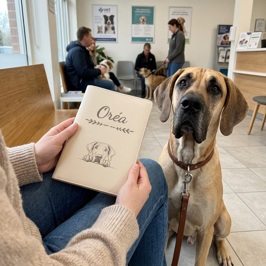 Protège carnet de santé chien personnalisé – Dogue allemand — fermé, gravé « Oréa », tenu en salle d'attente chez le vétérinaire, un dogue allemand assis à côté (visuel de mise en scène, coloris Crème vanille)
