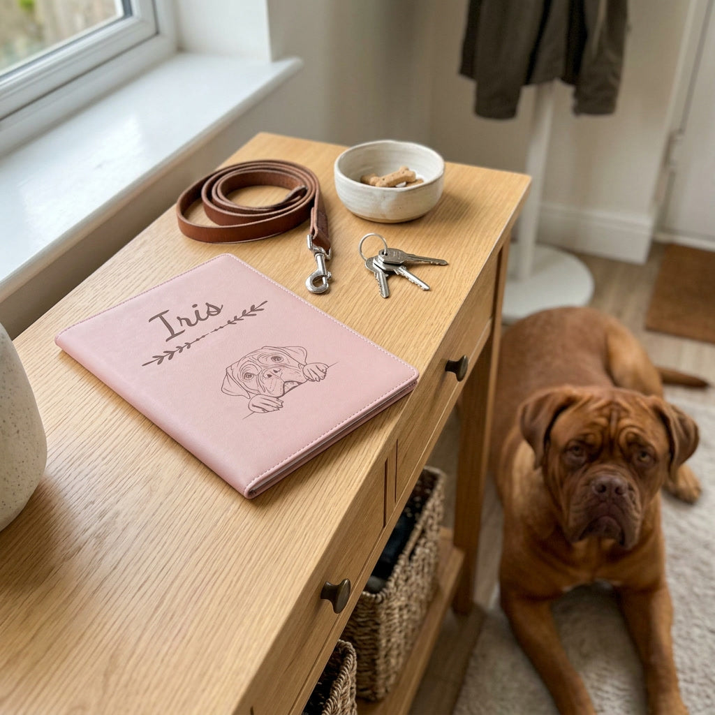 Protège carnet de santé chien personnalisé – Dogue de Bordeaux — fermé, gravé « Iris » avec le dogue de Bordeaux, sur une console d'entrée à côté d'une laisse, un dogue de Bordeaux couché à côté (visuel de mise en scène, coloris Rose dragée)