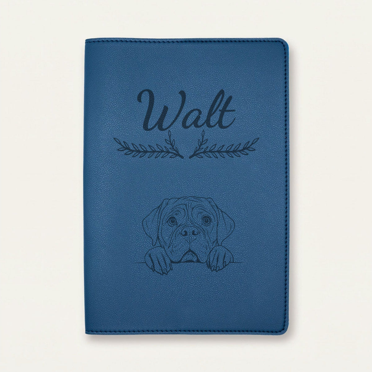Protège carnet de santé chien personnalisé – Dogue de Bordeaux — Bleu nuit — Bouquet — gravure « Walt »