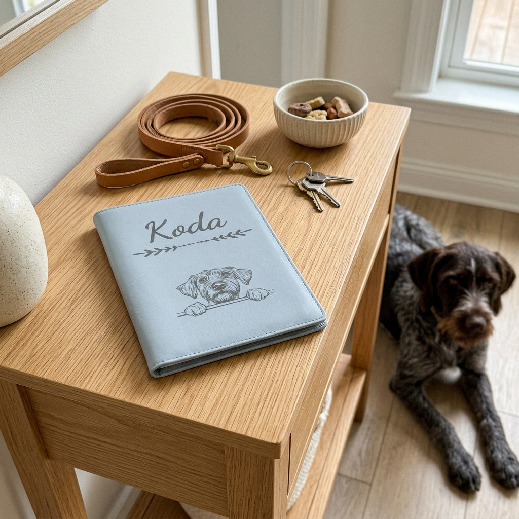 Protège carnet de santé chien personnalisé – Drahthaar — fermé, gravé « Koda » avec le drahthaar, sur une console d'entrée à côté d'une laisse, un drahthaar couché à côté (visuel de mise en scène, coloris Bleu nuage)