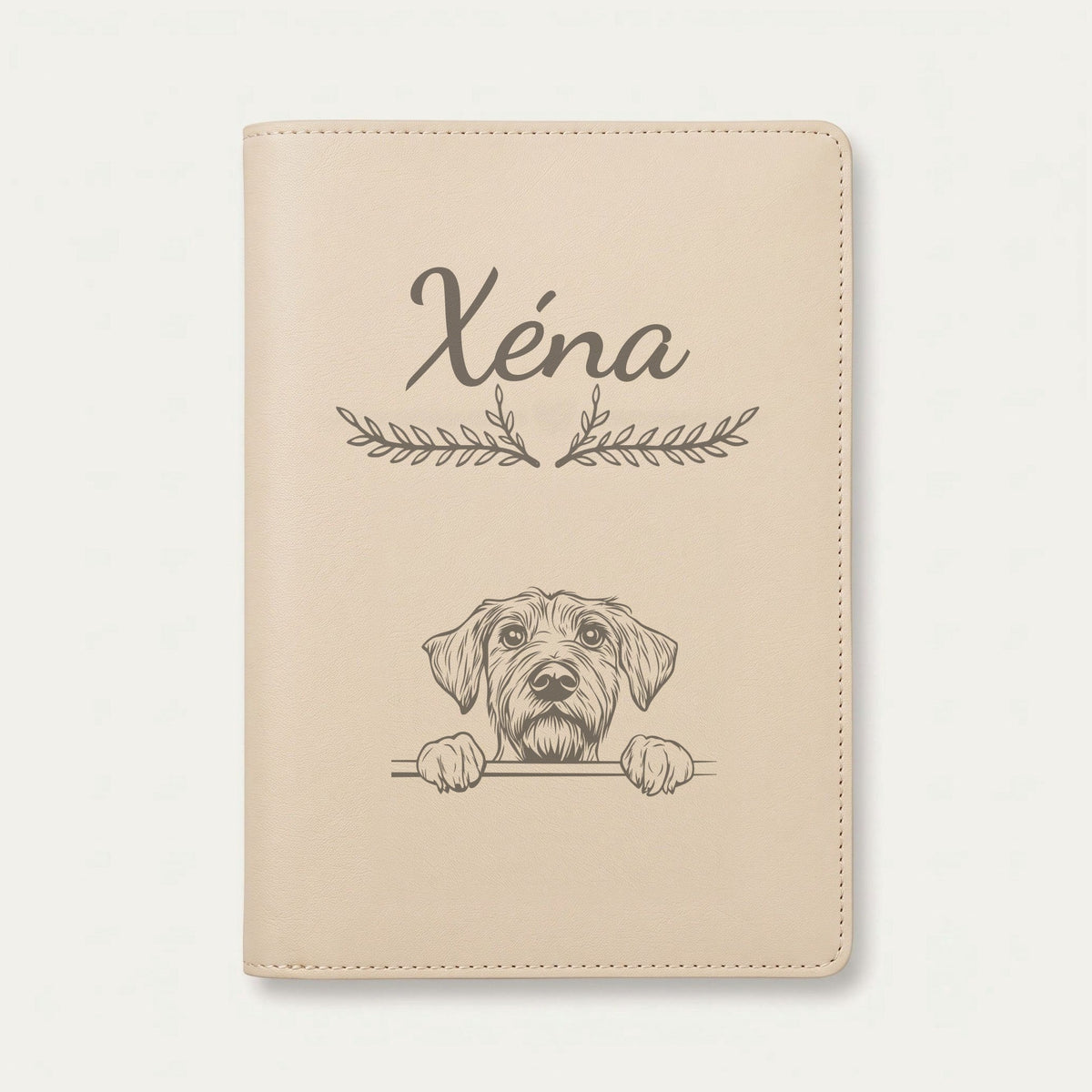 Protège carnet de santé chien personnalisé – Drahthaar — Crème vanille — Bouquet — gravure « Xéna »
