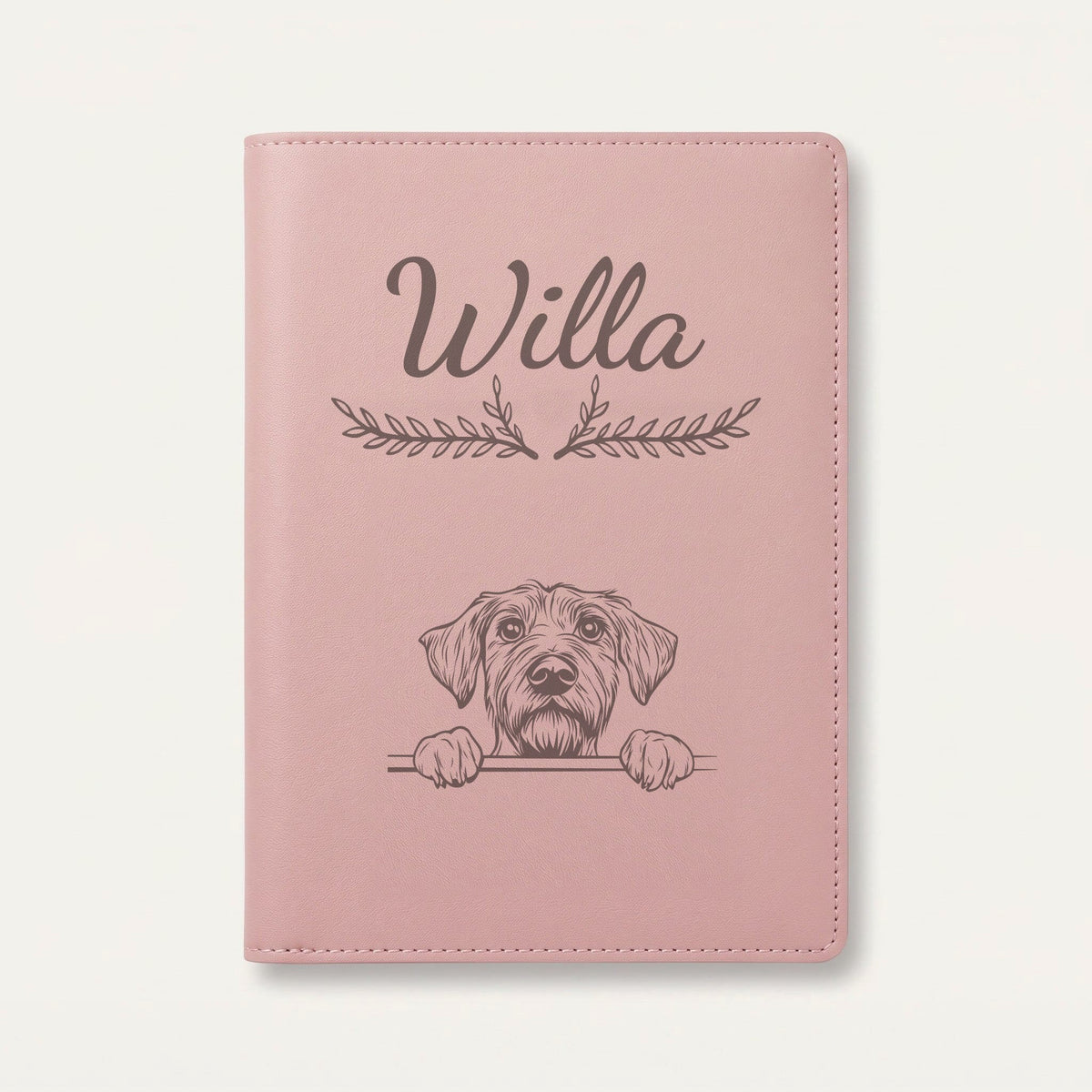 Protège carnet de santé chien personnalisé – Drahthaar — Rose dragée — Bouquet — gravure « Willa »
