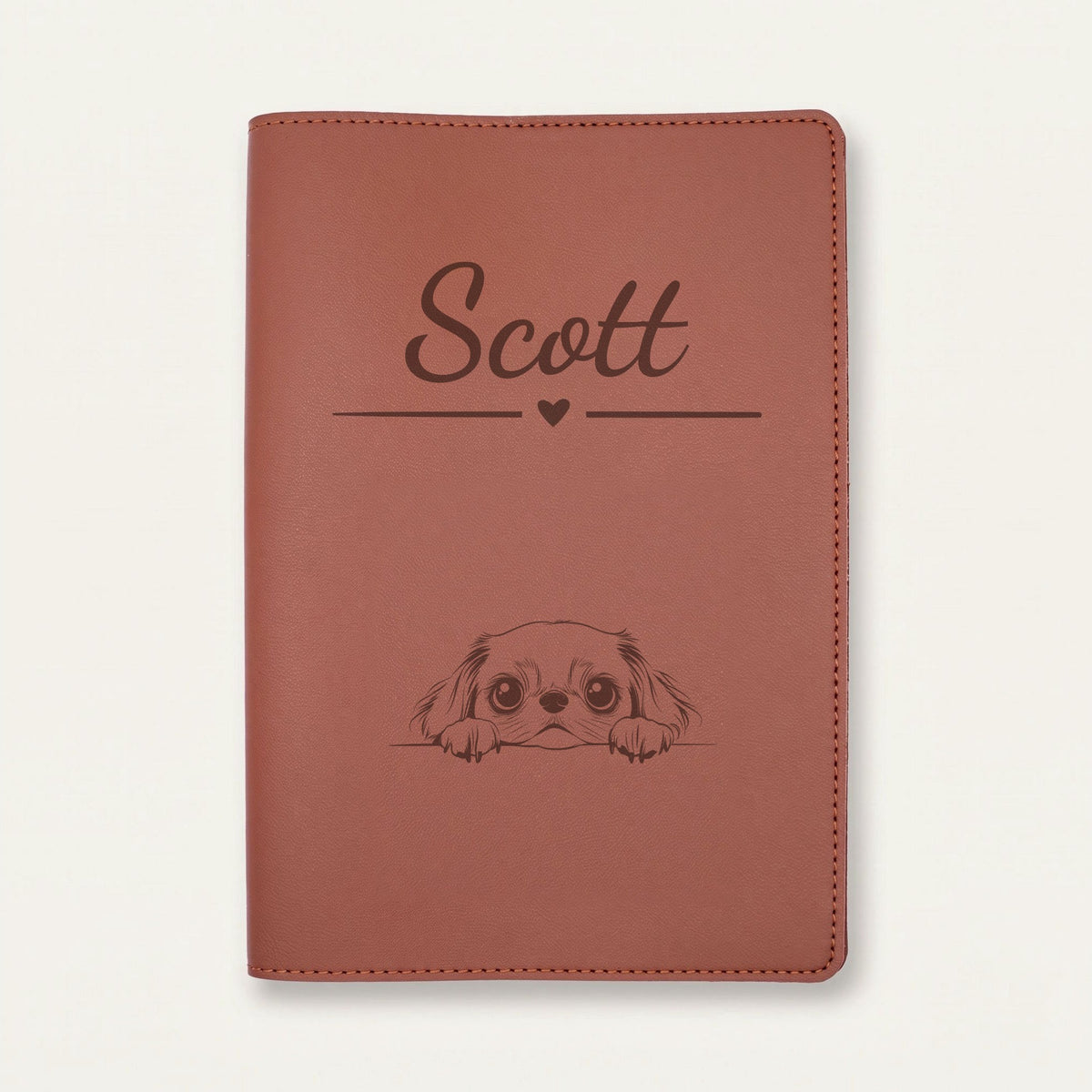 Protège carnet de santé chien personnalisé – Épagneul japonais — Chocolat — Cœur — gravure « Scott »