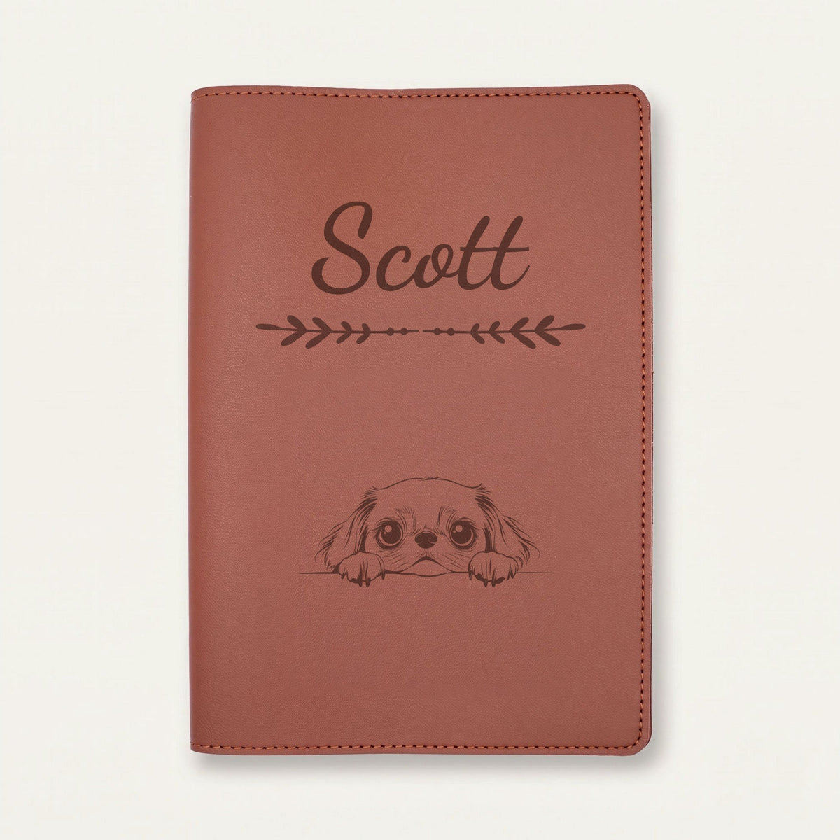 Protège carnet de santé chien personnalisé – Épagneul japonais — Chocolat — Flèche — gravure « Scott »