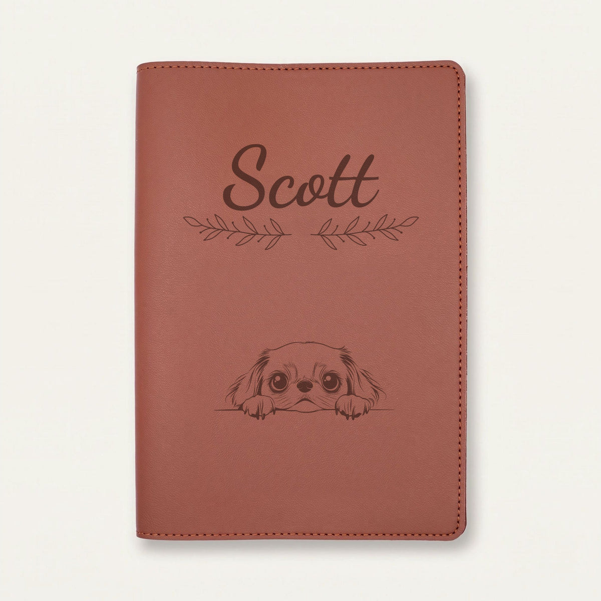 Protège carnet de santé chien personnalisé – Épagneul japonais — Chocolat — Rameaux — gravure « Scott »