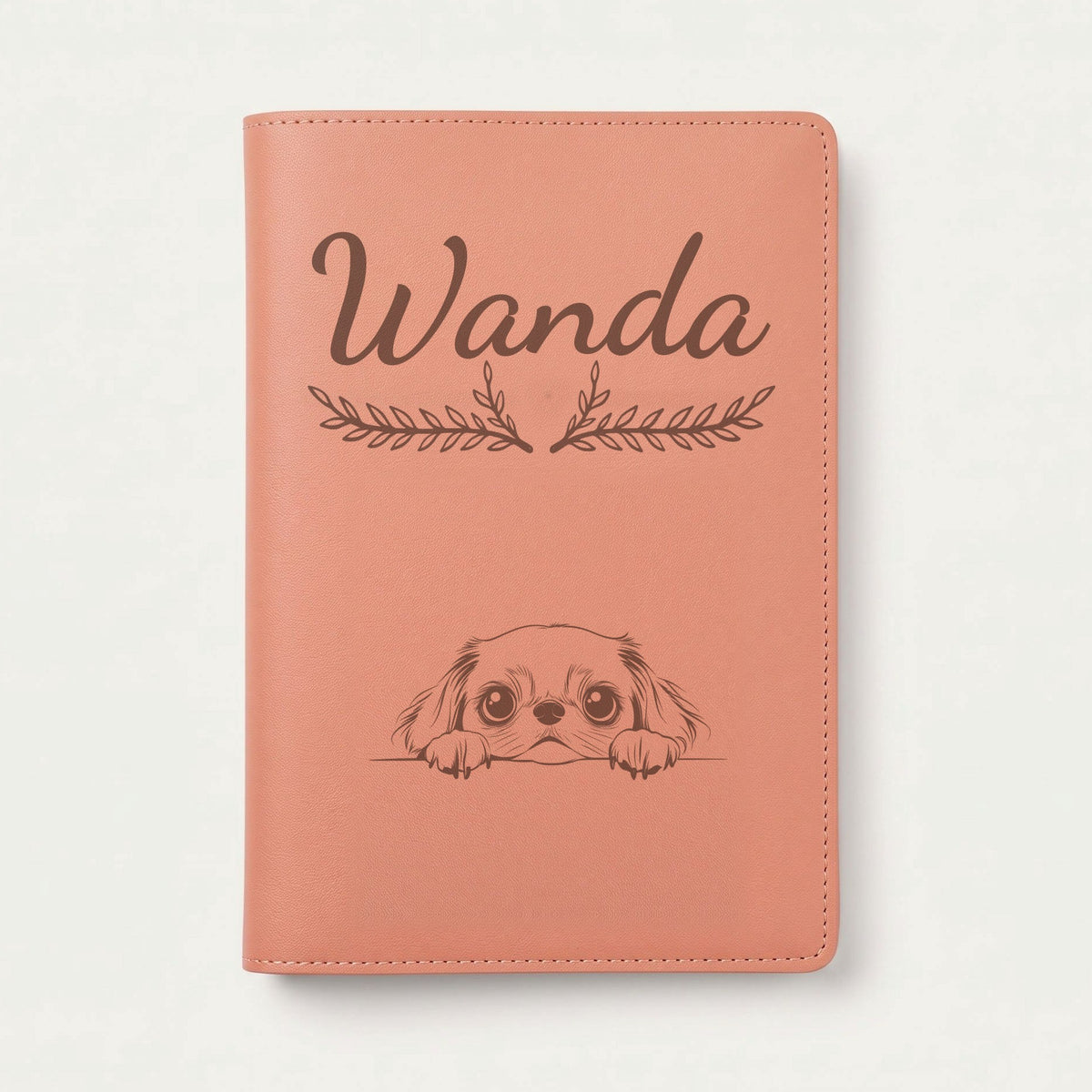 Protège carnet de santé chien personnalisé – Épagneul japonais — Terracotta — Bouquet — gravure « Wanda »
