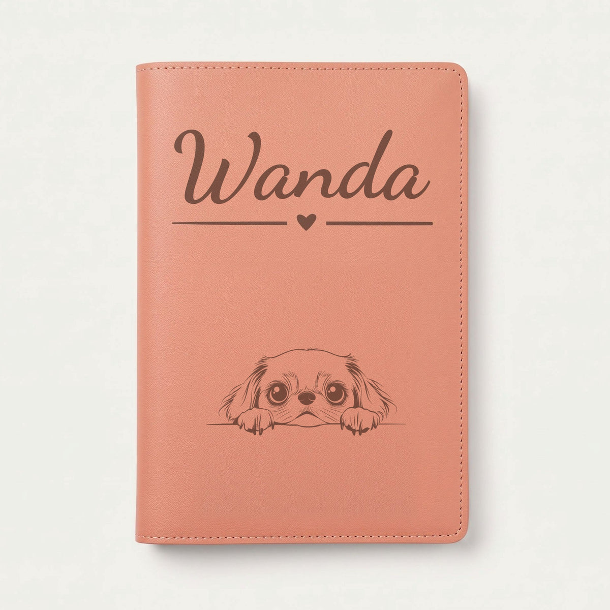 Protège carnet de santé chien personnalisé – Épagneul japonais — Terracotta — Cœur — gravure « Wanda »
