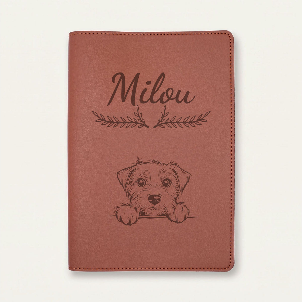 Protège carnet de santé chien personnalisé – Glen of Imaal terrier — Chocolat — Bouquet — gravure « Milou »