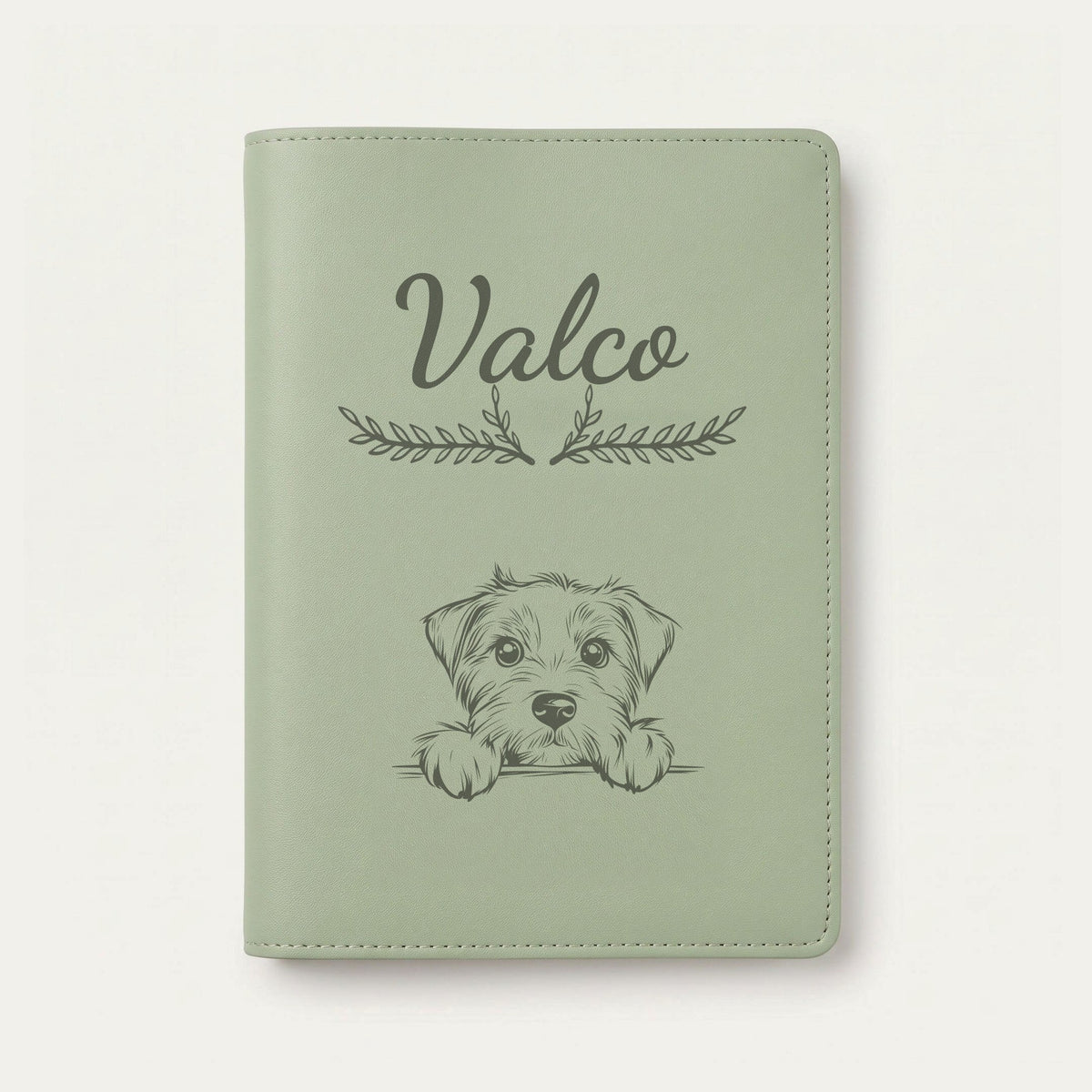 Protège carnet de santé chien personnalisé – Glen of Imaal terrier — Vert sauge — Bouquet — gravure « Valco »
