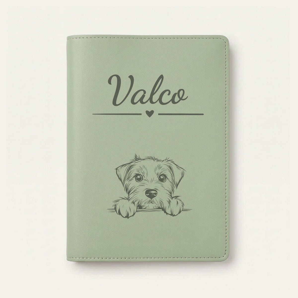 Protège carnet de santé chien personnalisé – Glen of Imaal terrier — Vert sauge — Cœur — gravure « Valco »