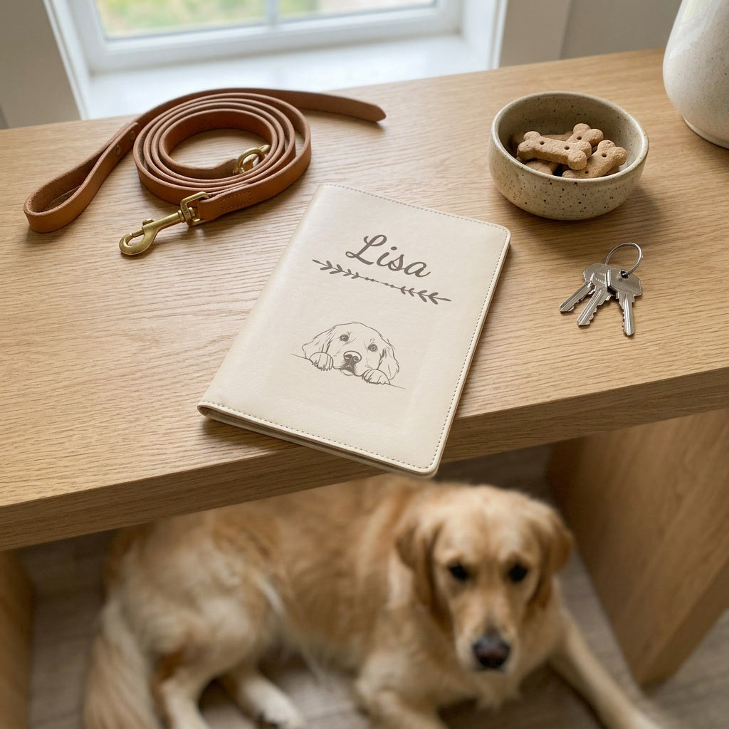 Protège carnet de santé chien personnalisé – Golden retriever — fermé, gravé « Lisa » avec le golden retriever, sur une console d'entrée à côté d'une laisse, un golden retriever couché à côté (visuel de mise en scène, coloris Crème vanille)