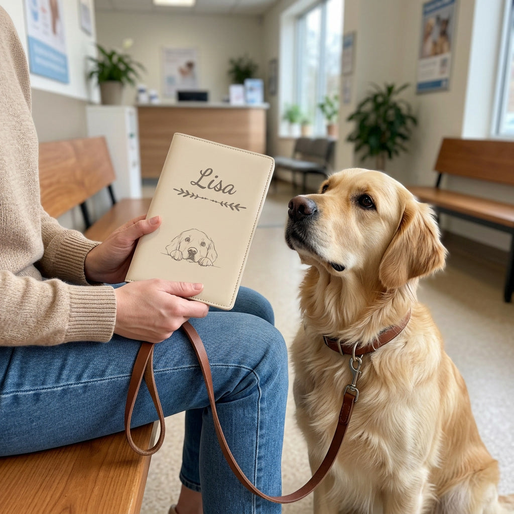 Protège carnet de santé chien personnalisé – Golden retriever — fermé, gravé « Lisa », tenu en salle d'attente chez le vétérinaire, un golden retriever assis à côté (visuel de mise en scène, coloris Crème vanille)