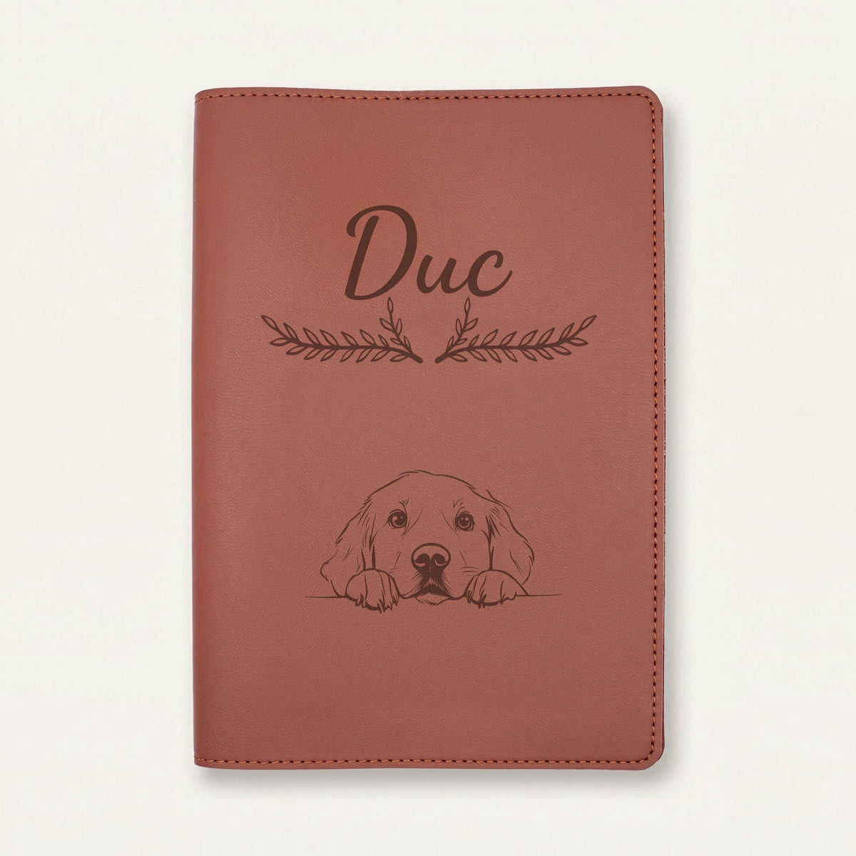 Protège carnet de santé chien personnalisé – Golden retriever — Chocolat — Bouquet — gravure « Duc »