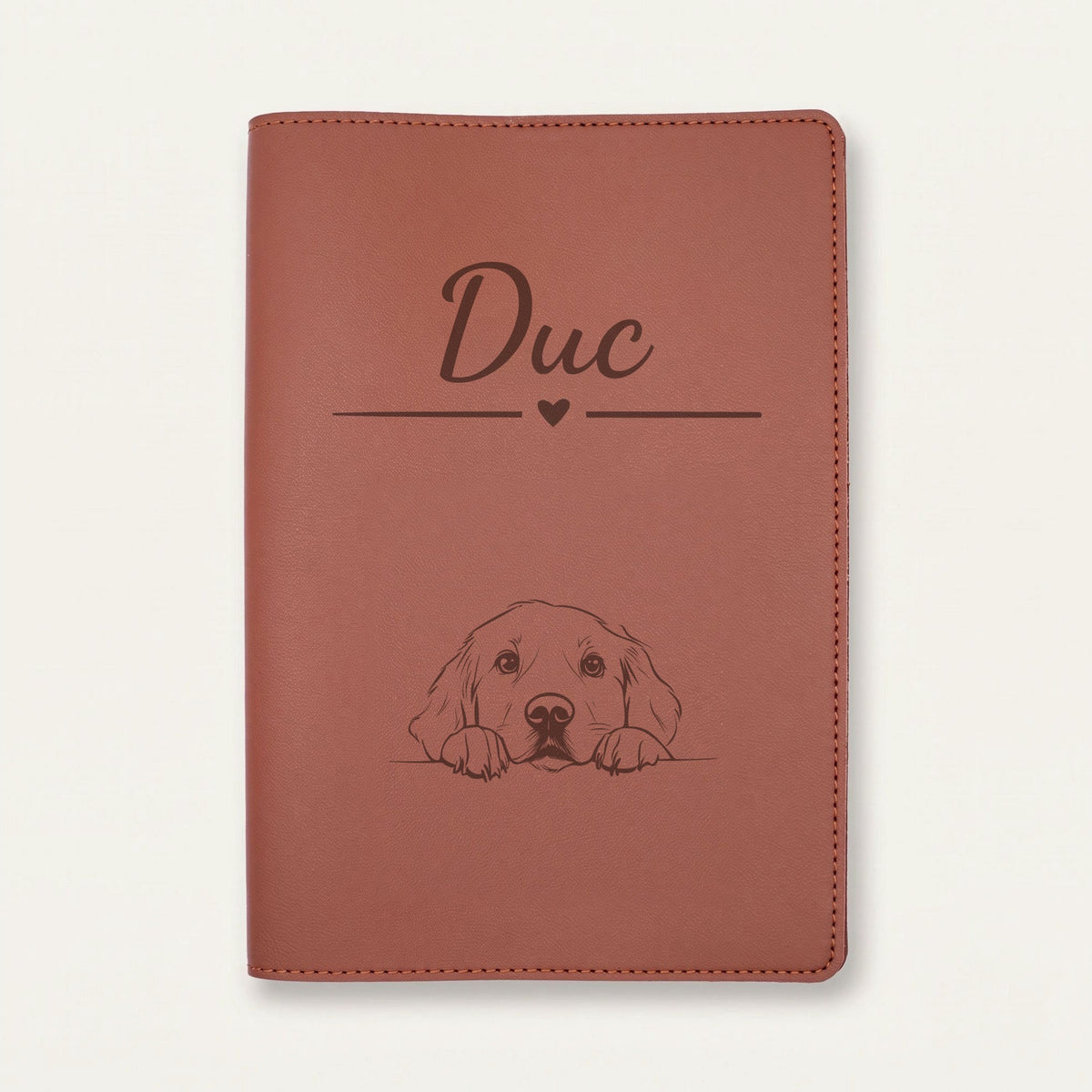 Protège carnet de santé chien personnalisé – Golden retriever — Chocolat — Cœur — gravure « Duc »