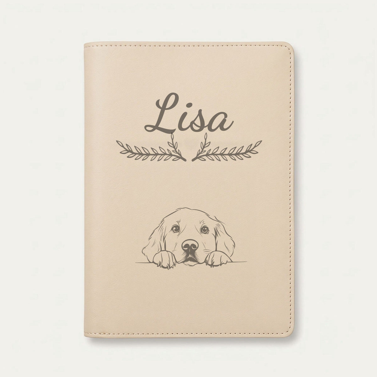 Protège carnet de santé chien personnalisé – Golden retriever — Crème vanille — Bouquet — gravure « Lisa »