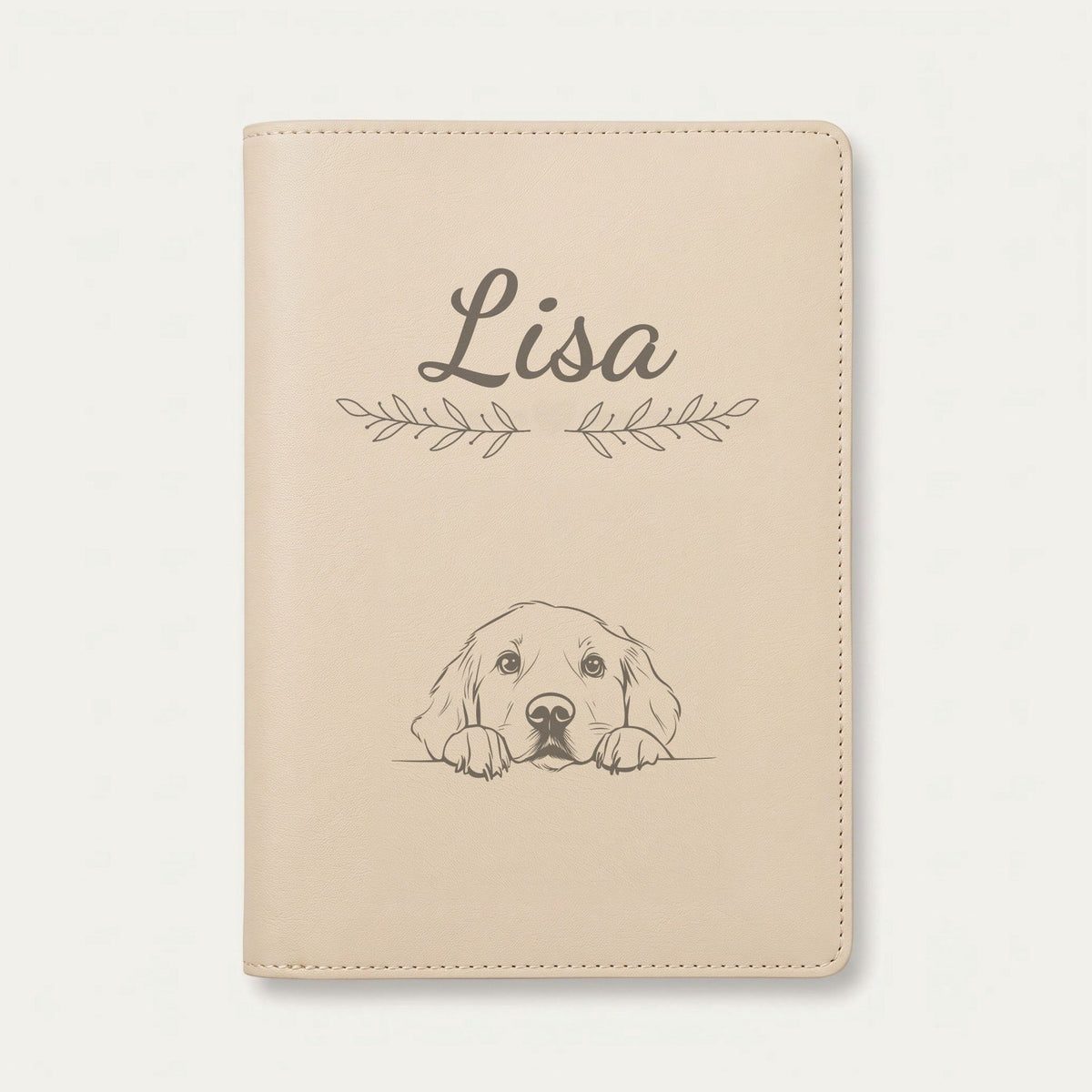 Protège carnet de santé chien personnalisé – Golden retriever — Crème vanille — Rameaux — gravure « Lisa »