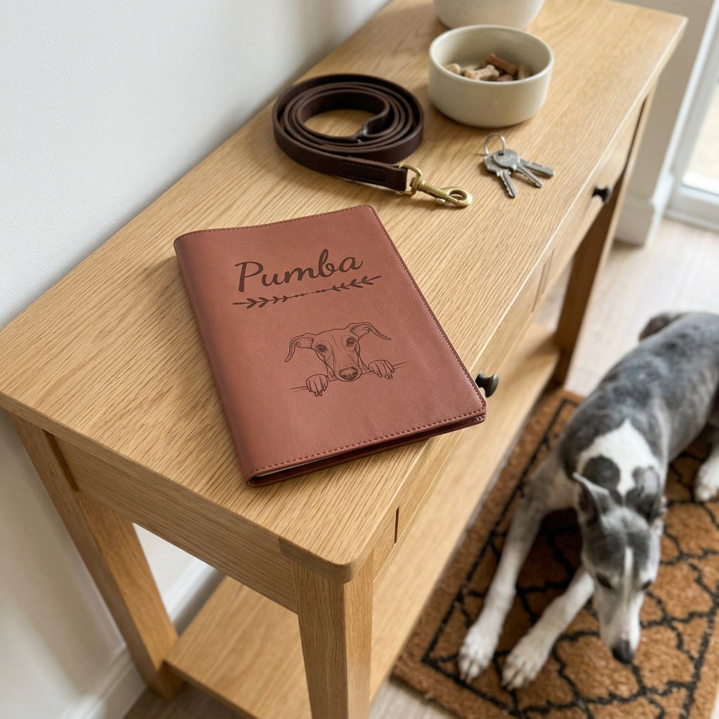 Protège carnet de santé chien personnalisé – Greyhound — fermé, gravé « Pumba » avec le greyhound, sur une console d'entrée à côté d'une laisse, un greyhound couché à côté (visuel de mise en scène, coloris Chocolat)