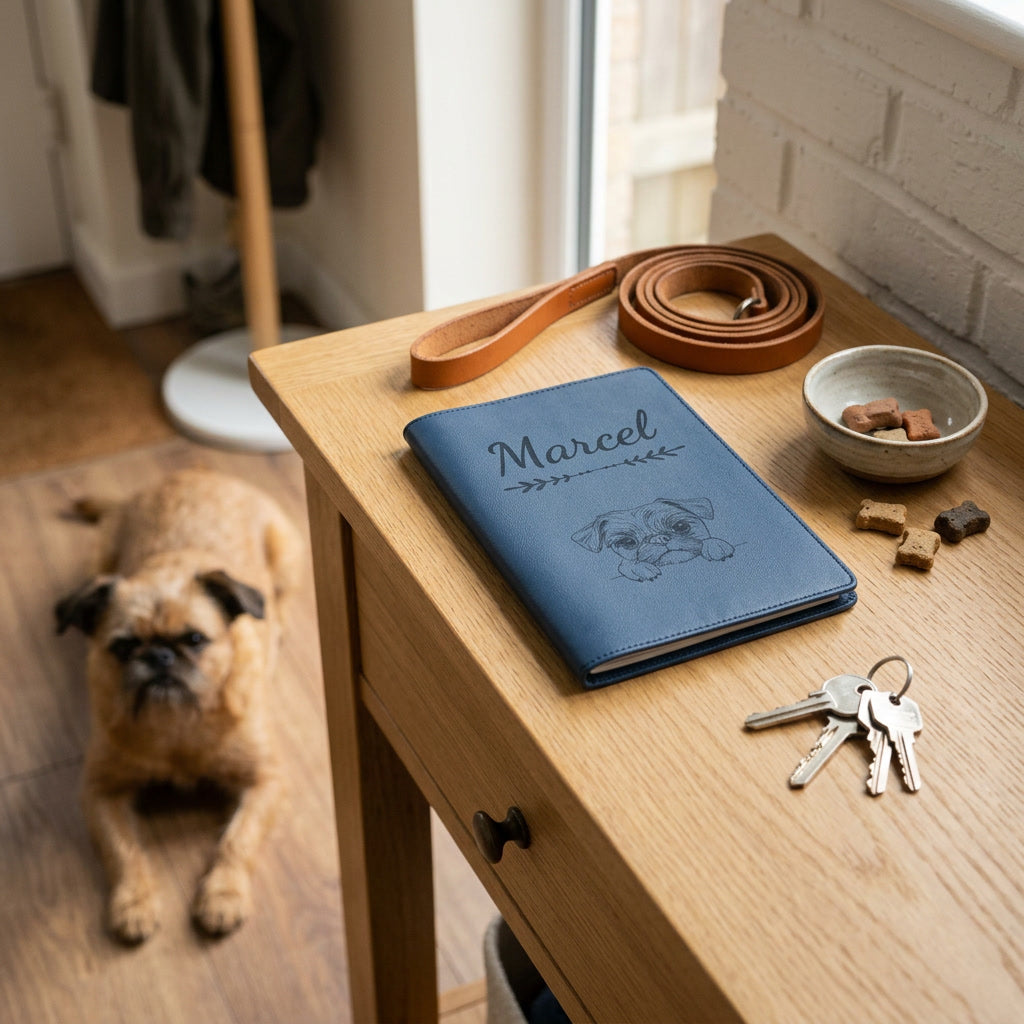 Protège carnet de santé chien personnalisé – Griffon bruxellois — fermé, gravé « Marcel » avec le griffon bruxellois, sur une console d'entrée à côté d'une laisse, un griffon bruxellois couché à côté (visuel de mise en scène, coloris Bleu nuit)