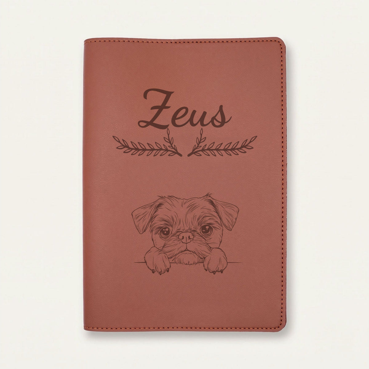 Protège carnet de santé chien personnalisé – Griffon bruxellois — Chocolat — Bouquet — gravure « Zeus »