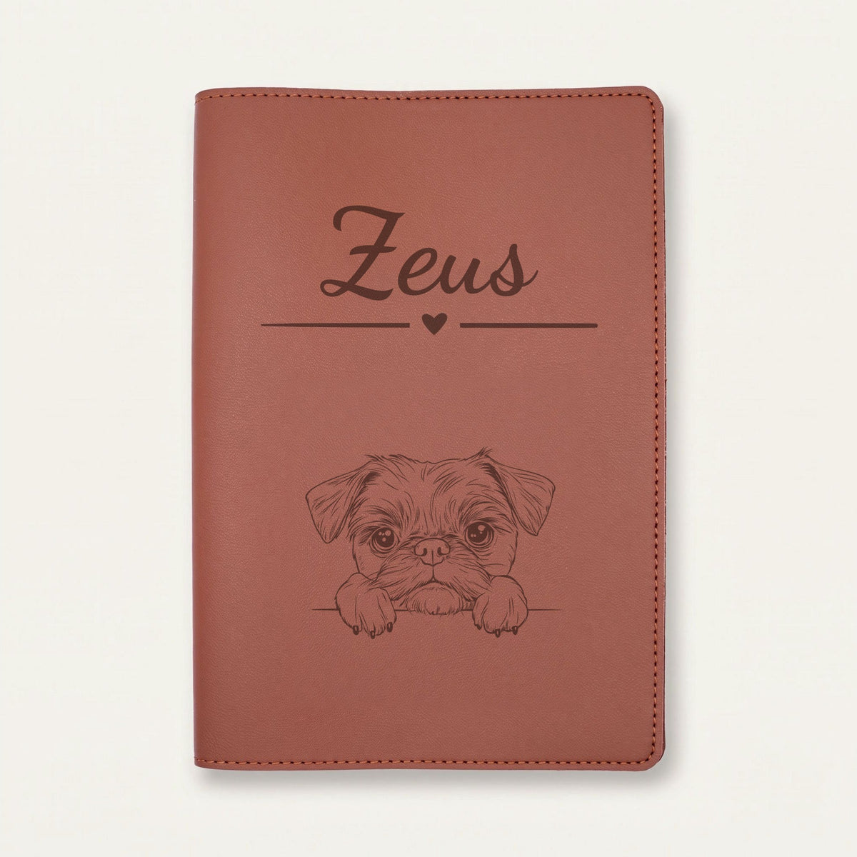 Protège carnet de santé chien personnalisé – Griffon bruxellois — Chocolat — Cœur — gravure « Zeus »