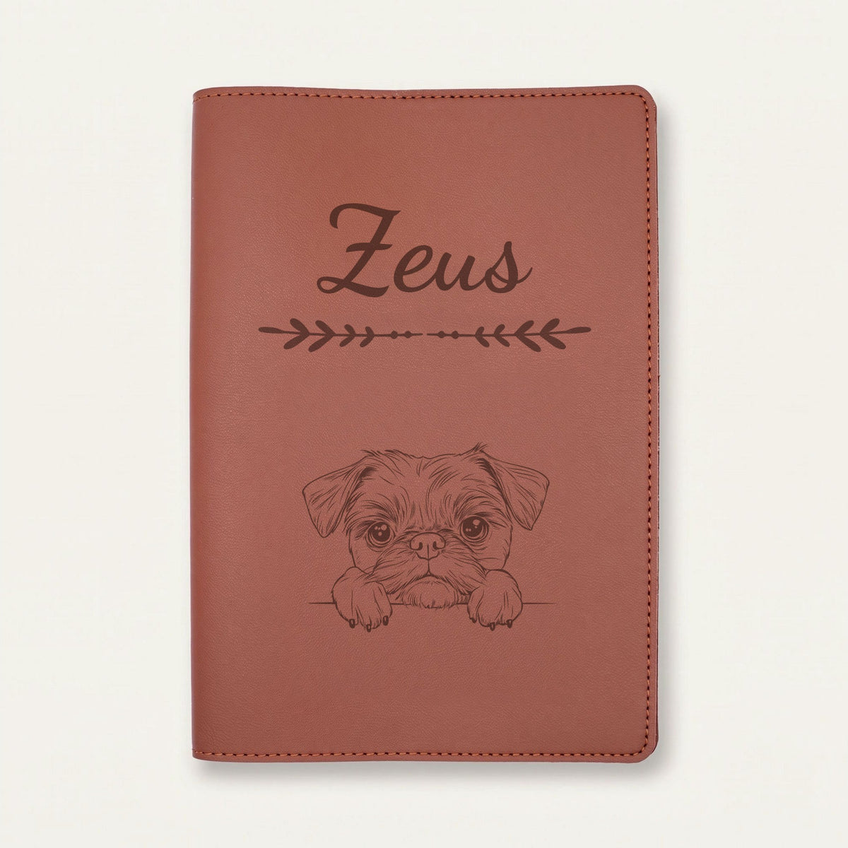 Protège carnet de santé chien personnalisé – Griffon bruxellois — Chocolat — Flèche — gravure « Zeus »