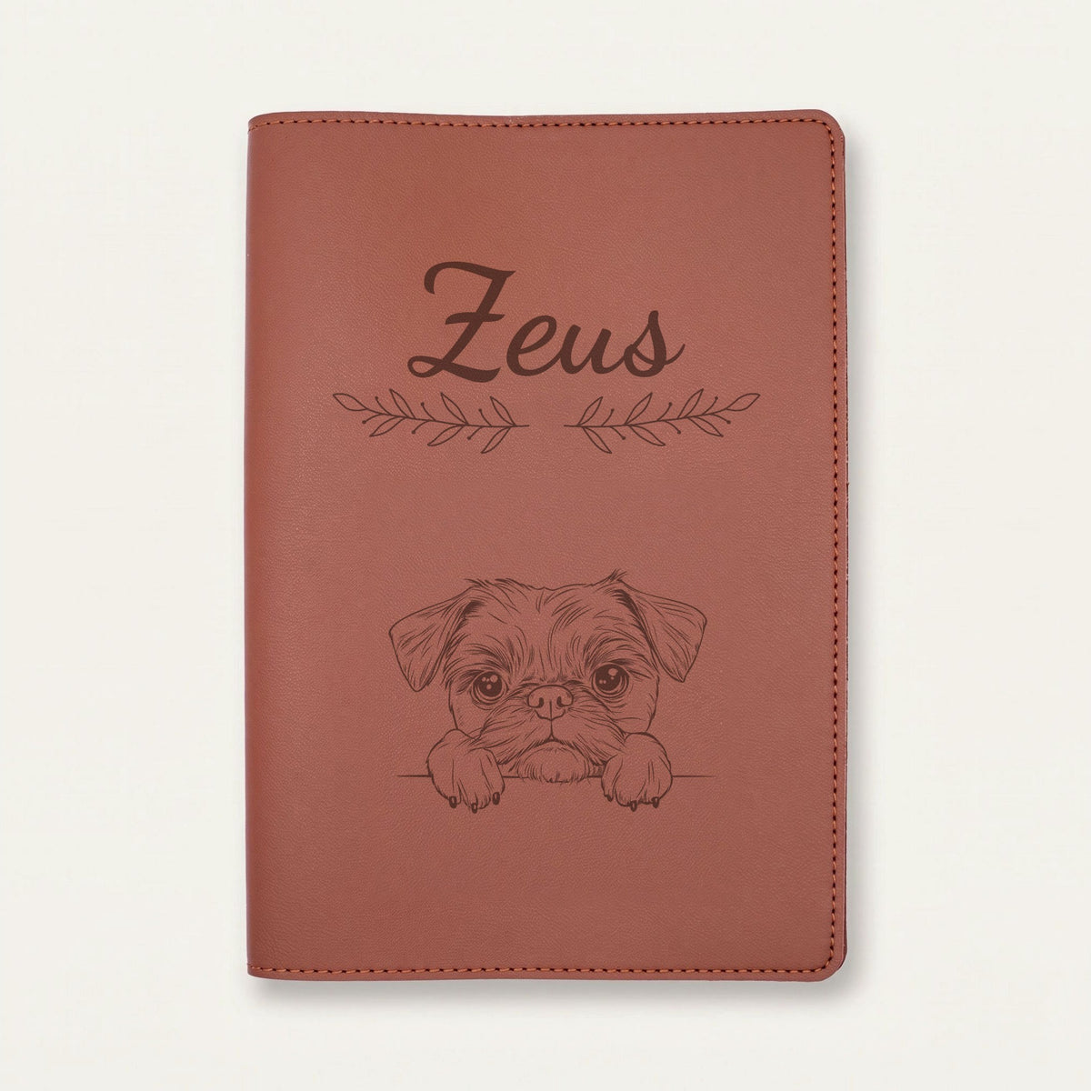 Protège carnet de santé chien personnalisé – Griffon bruxellois — Chocolat — Rameaux — gravure « Zeus »