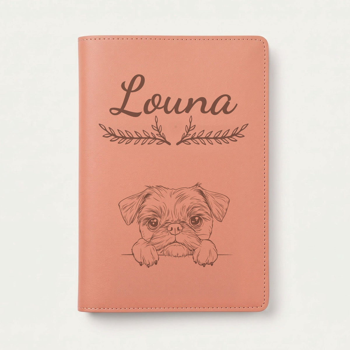 Protège carnet de santé chien personnalisé – Griffon bruxellois — Terracotta — Bouquet — gravure « Louna »
