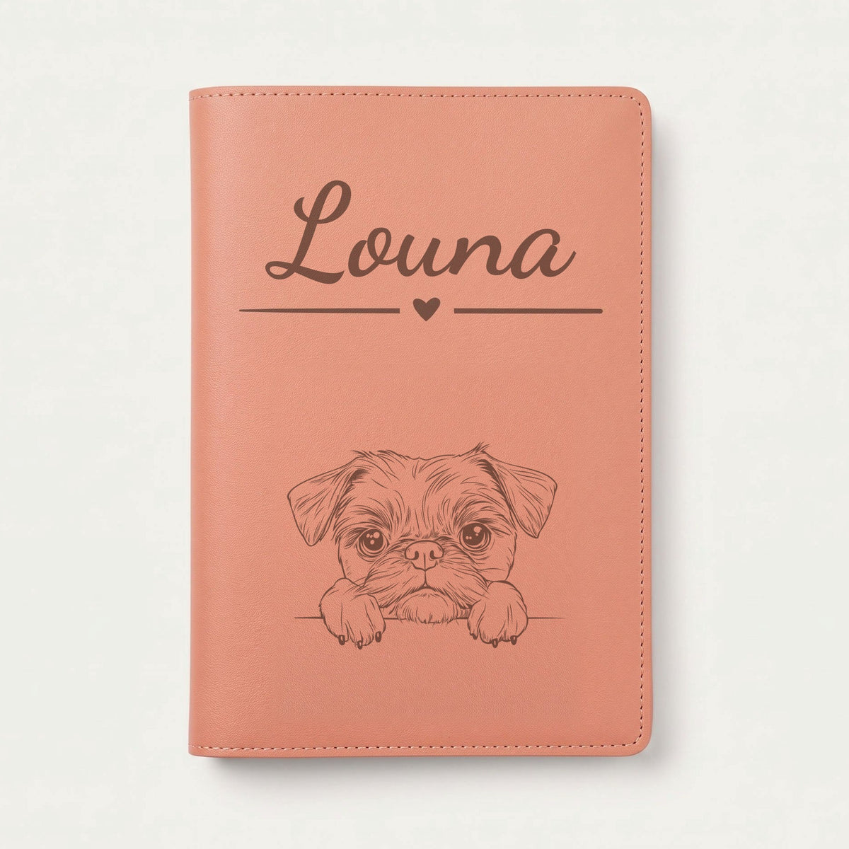 Protège carnet de santé chien personnalisé – Griffon bruxellois — Terracotta — Cœur — gravure « Louna »
