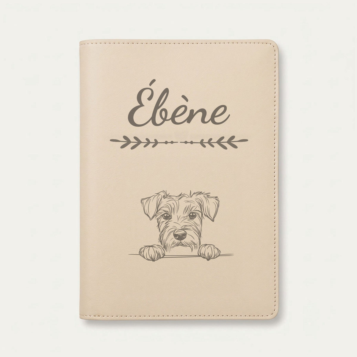 Protège carnet de santé chien personnalisé – Kerry blue terrier — Crème vanille — Flèche — gravure « Ébène »