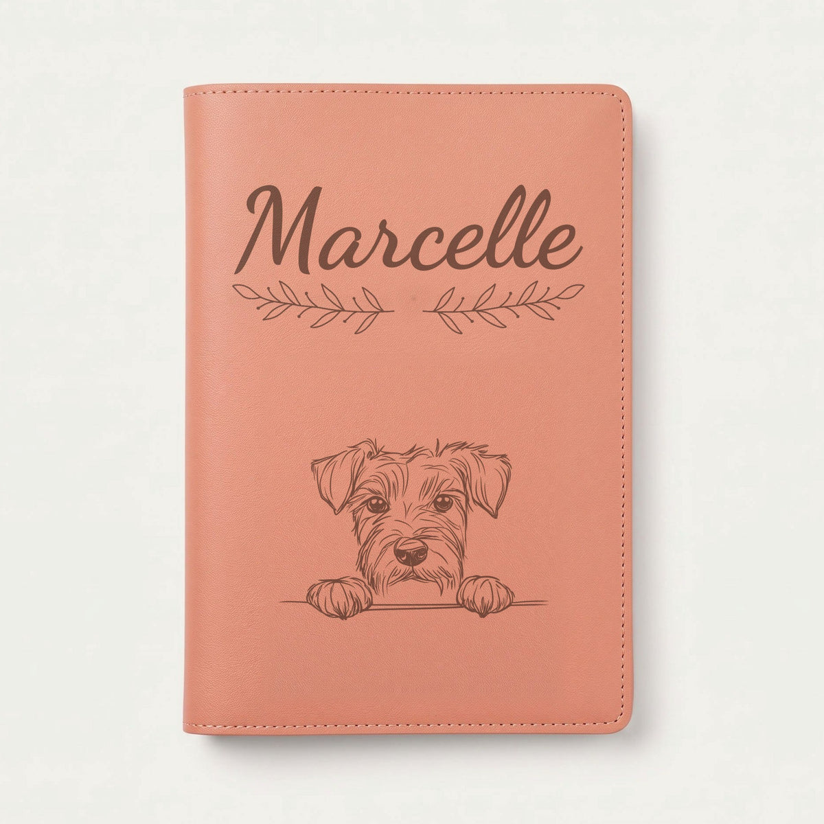 Protège carnet de santé chien personnalisé – Kerry blue terrier — Terracotta — Rameaux — gravure « Marcelle »