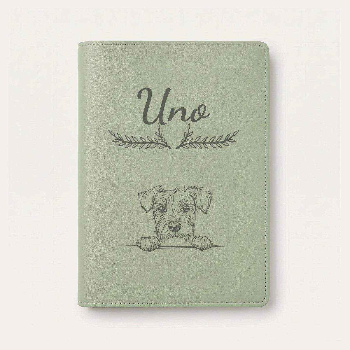 Protège carnet de santé chien personnalisé – Kerry blue terrier — Vert sauge — Bouquet — gravure « Uno »