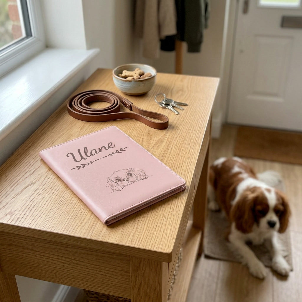Protège carnet de santé chien personnalisé – King Charles — fermé, gravé « Ulane » avec le king Charles, sur une console d'entrée à côté d'une laisse, un king Charles couché à côté (visuel de mise en scène, coloris Rose dragée)