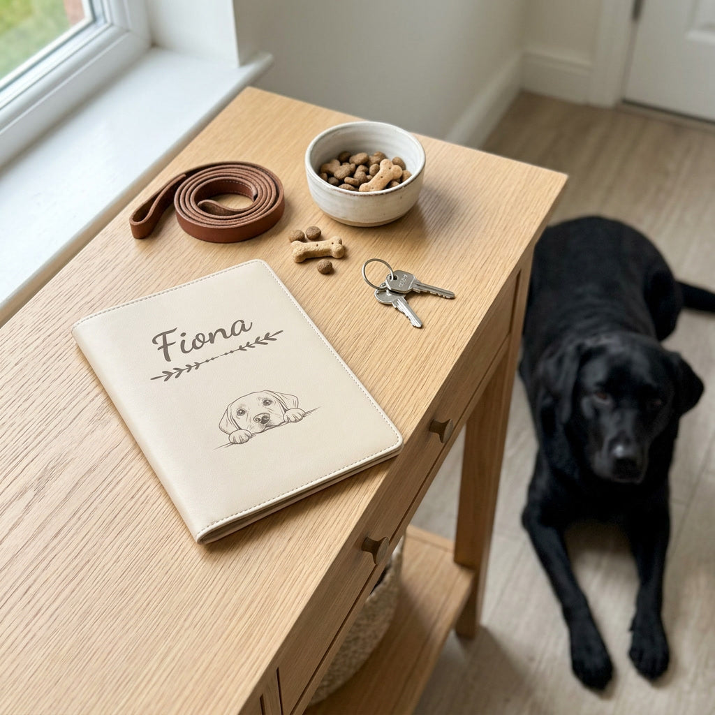 Protège carnet de santé chien personnalisé – Labrador — fermé, gravé « Fiona » avec le labrador, sur une console d'entrée à côté d'une laisse, un labrador couché à côté (visuel de mise en scène, coloris Crème vanille)
