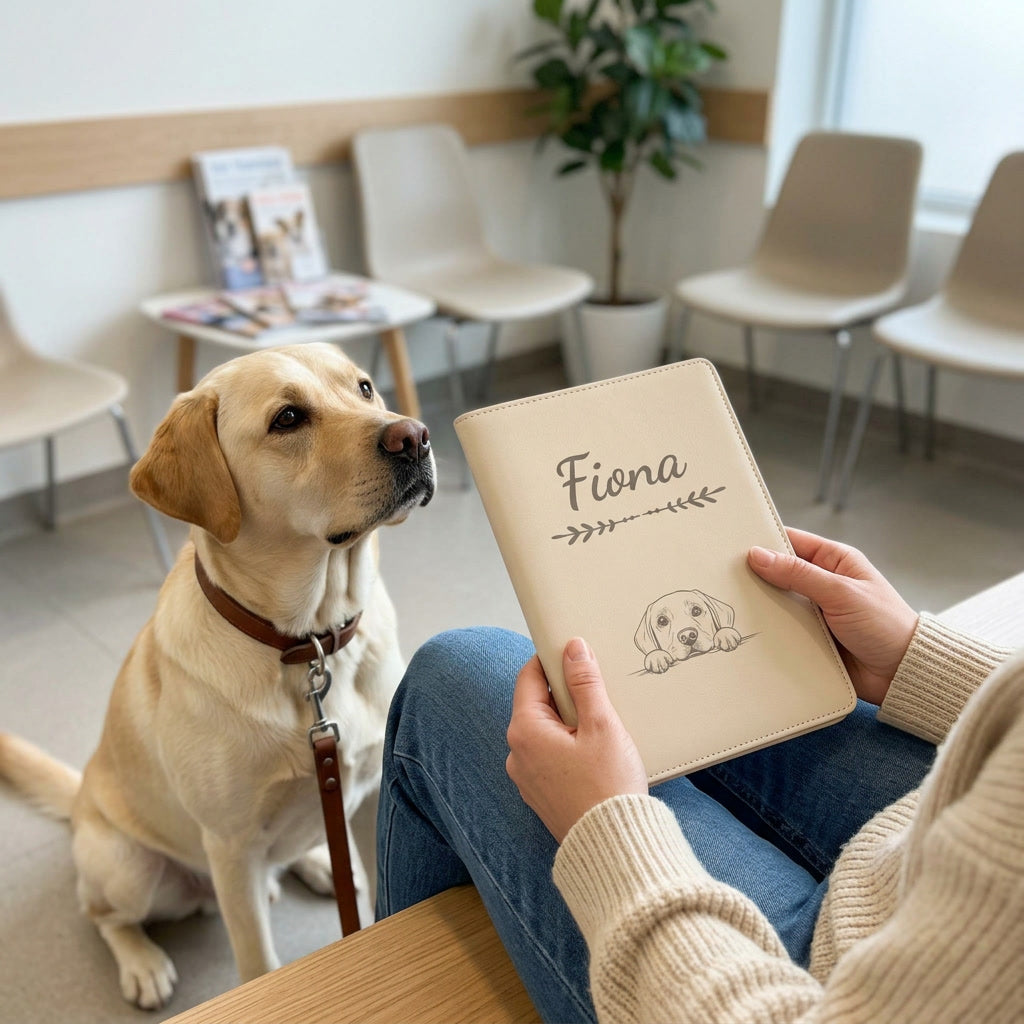 Protège carnet de santé chien personnalisé – Labrador — fermé, gravé « Fiona », tenu en salle d'attente chez le vétérinaire, un labrador assis à côté (visuel de mise en scène, coloris Crème vanille)