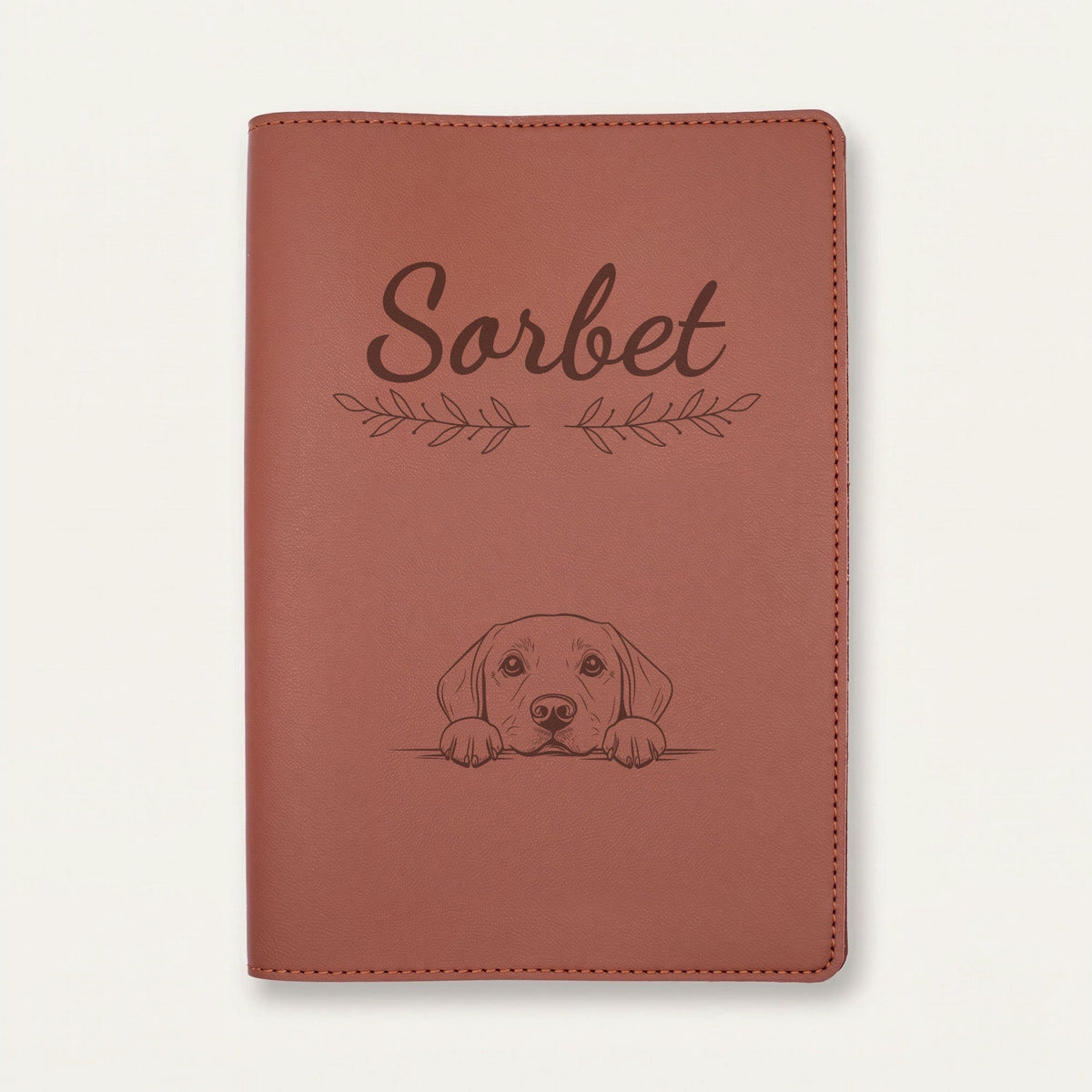 Protège carnet de santé chien personnalisé – Labrador — Chocolat — Rameaux — gravure « Sorbet »