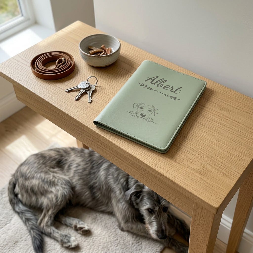 Protège carnet de santé chien personnalisé – Lévrier irlandais — fermé, gravé « Albert » avec le lévrier irlandais, sur une console d'entrée à côté d'une laisse, un lévrier irlandais couché à côté (visuel de mise en scène, coloris Vert sauge)
