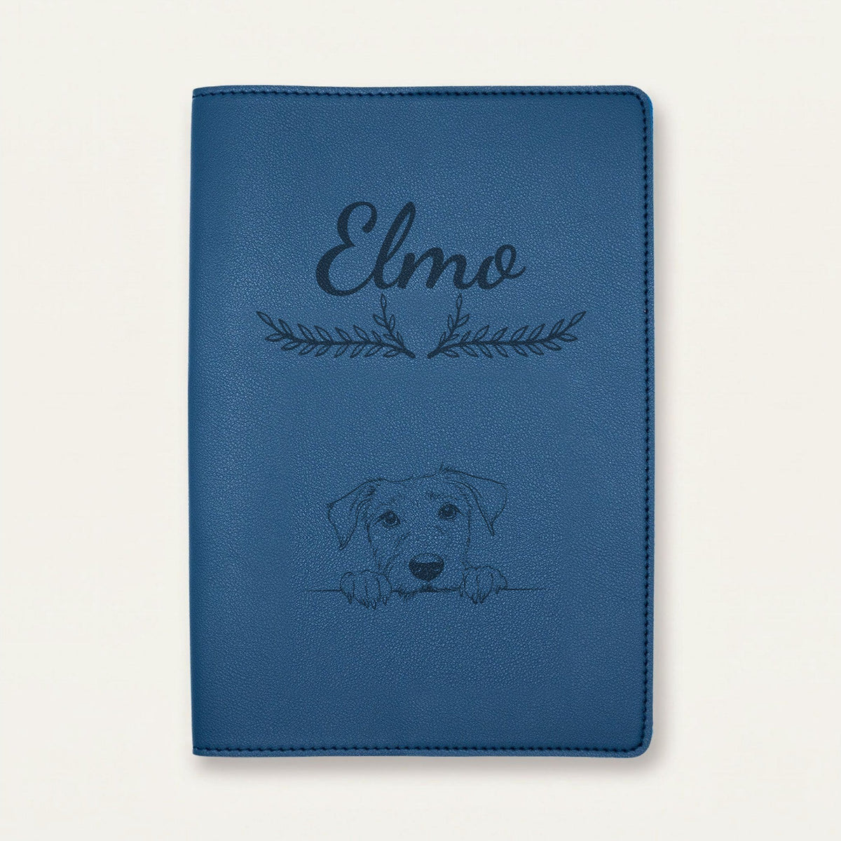 Protège carnet de santé chien personnalisé – Lévrier irlandais — Bleu nuit — Bouquet — gravure « Elmo »