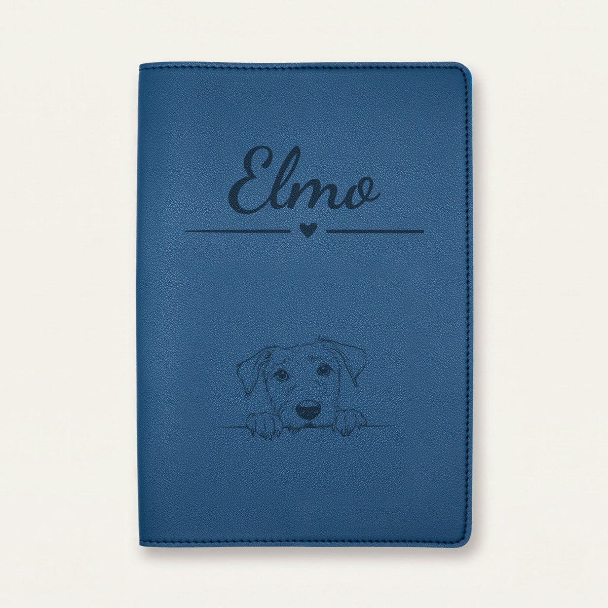 Protège carnet de santé chien personnalisé – Lévrier irlandais — Bleu nuit — Cœur — gravure « Elmo »