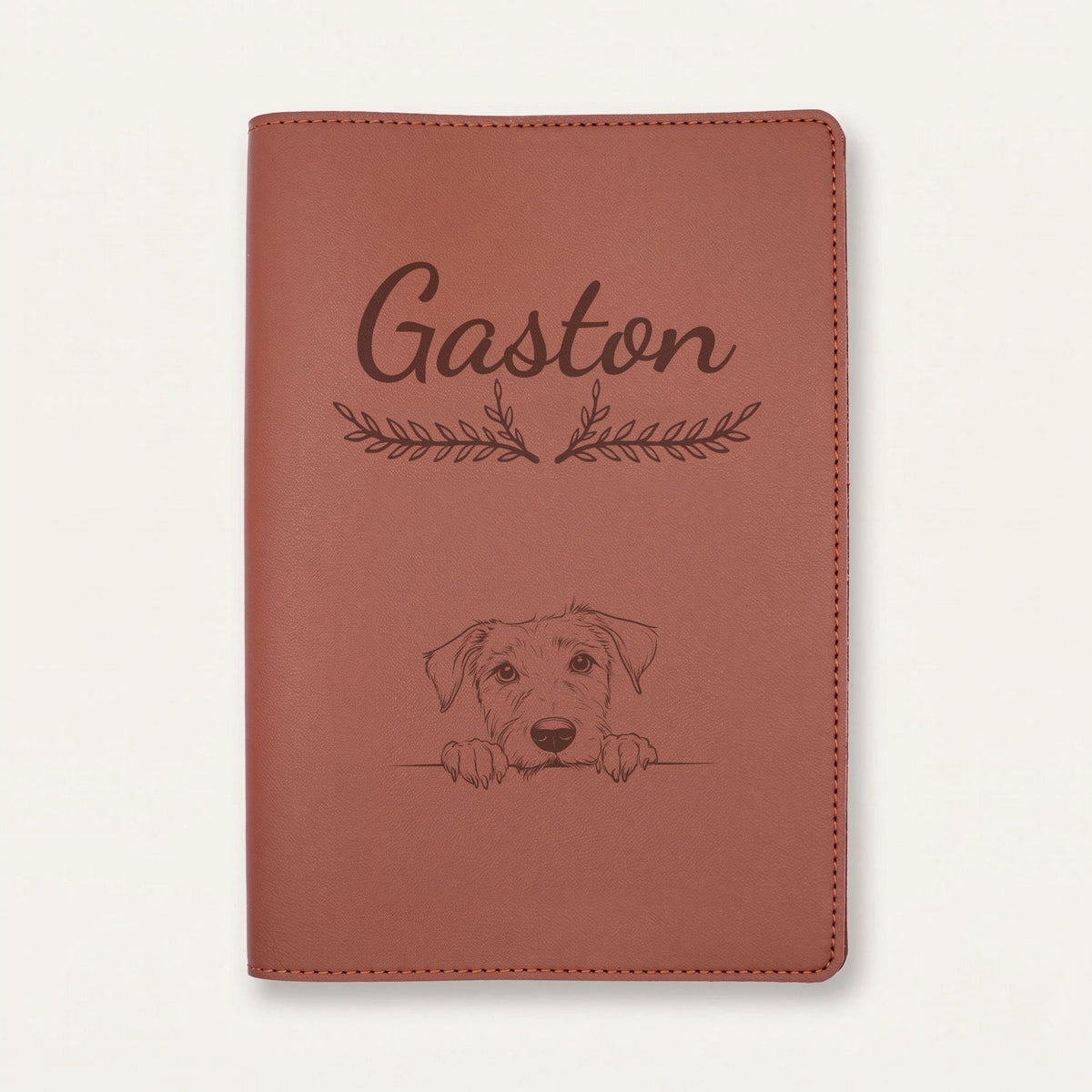 Protège carnet de santé chien personnalisé – Lévrier irlandais — Chocolat — Bouquet — gravure « Gaston »