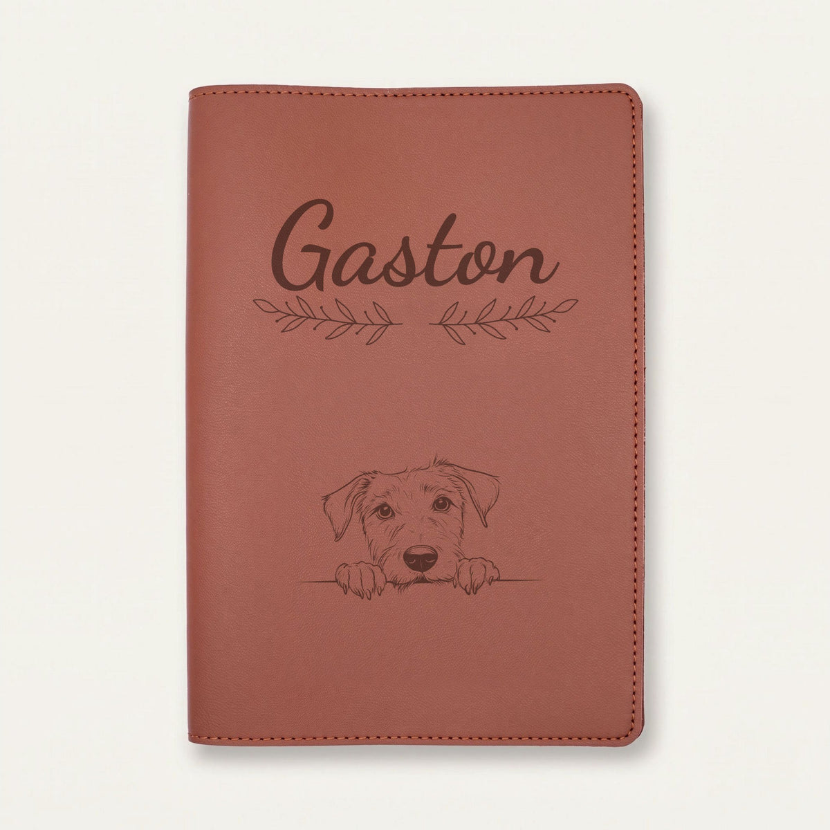 Protège carnet de santé chien personnalisé – Lévrier irlandais — Chocolat — Rameaux — gravure « Gaston »
