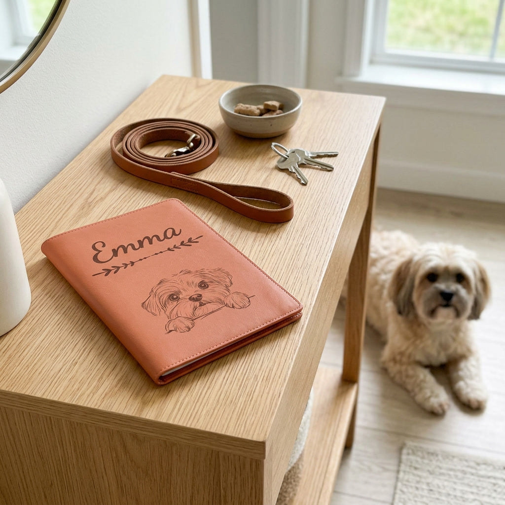 Protège carnet de santé chien personnalisé – Lhassa apso — fermé, gravé « Emma » avec le lhassa apso, sur une console d'entrée à côté d'une laisse, un lhassa apso couché à côté (visuel de mise en scène, coloris Terracotta)