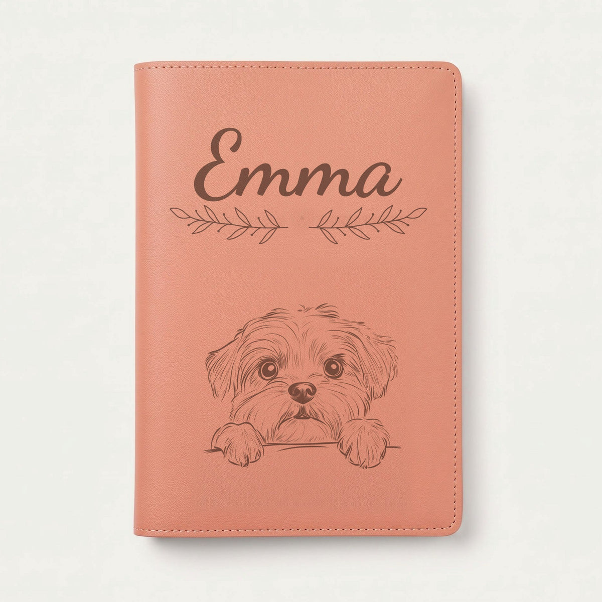 Protège carnet de santé chien personnalisé – Lhassa apso — Terracotta — Rameaux — gravure « Emma »