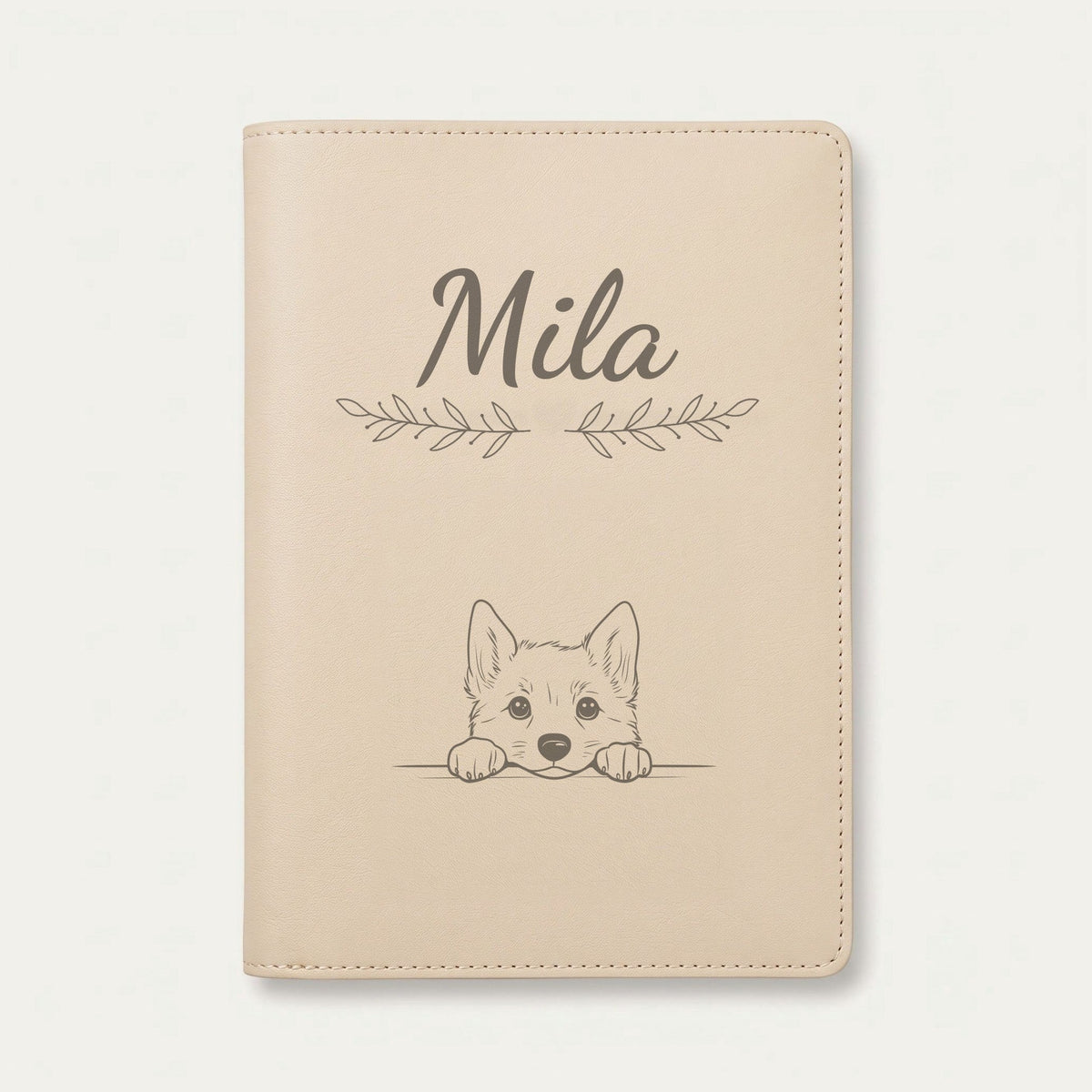 Protège carnet de santé chien personnalisé – Lundehund norvégien — Crème vanille — Rameaux — gravure « Mila »